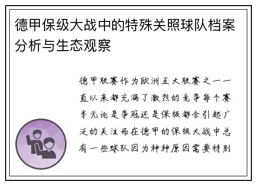 德甲保级大战中的特殊关照球队档案分析与生态观察